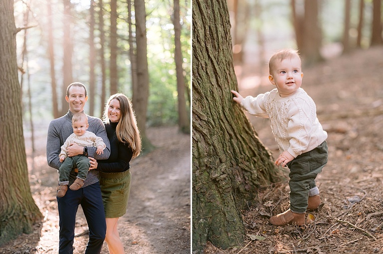Family portraits in a wooded hemlock forest with light filtering though the background