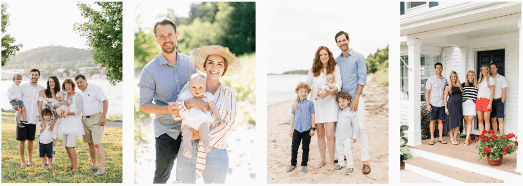 Northern Michigan family portrait collage featuring families photographed along the lakeshore with natural light and coordinated outfits.