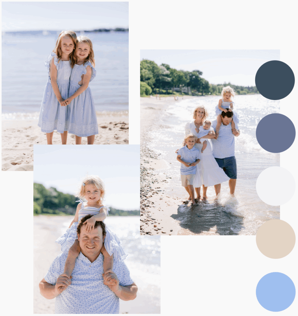 Northern Michigan family portrait collage featuring airy outfit colors in light blue, navy blue, and white along the lakeshore”
