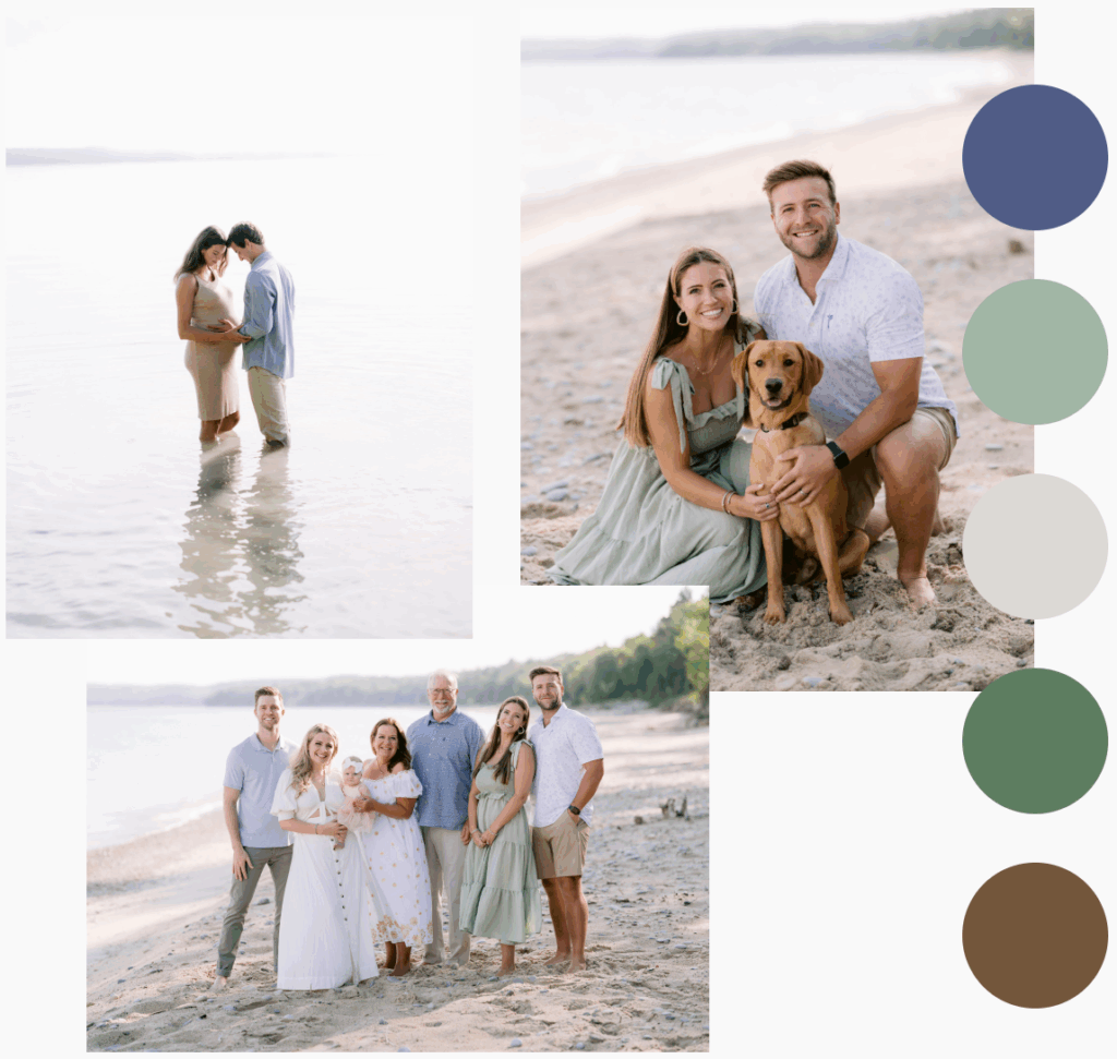 Northern Michigan family portraits with coordinated neutral outfits on the Lake Michigan shoreline.
