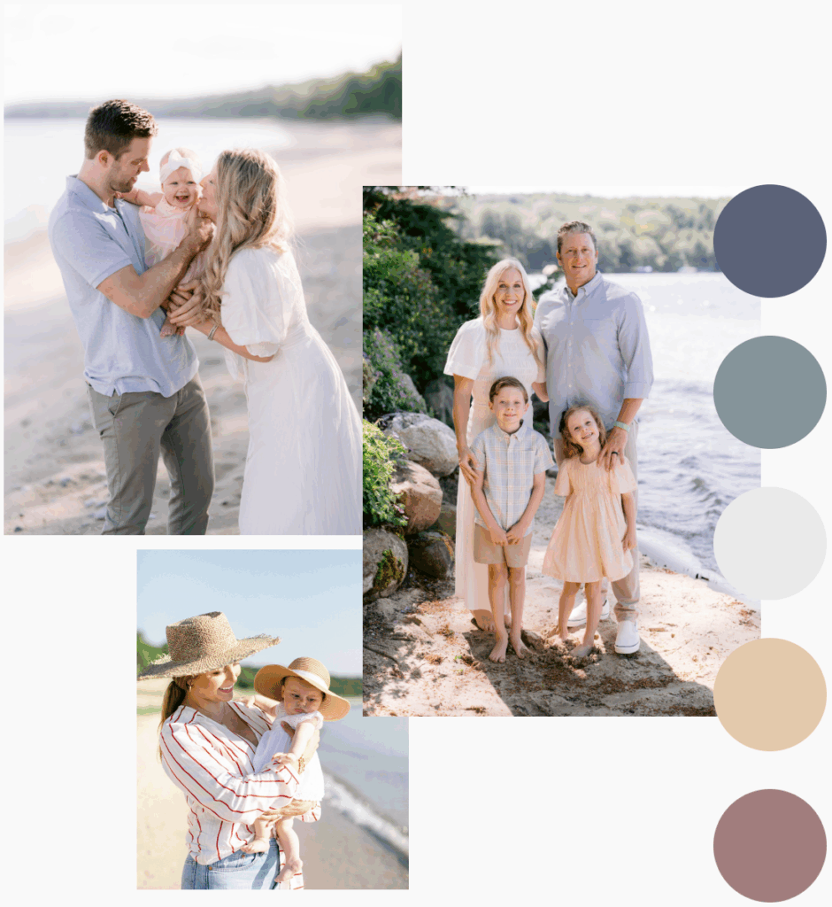 Northern Michigan family portrait outfit inspiration featuring soft blue, white, peach, and tan color palettes along the lakeshore.