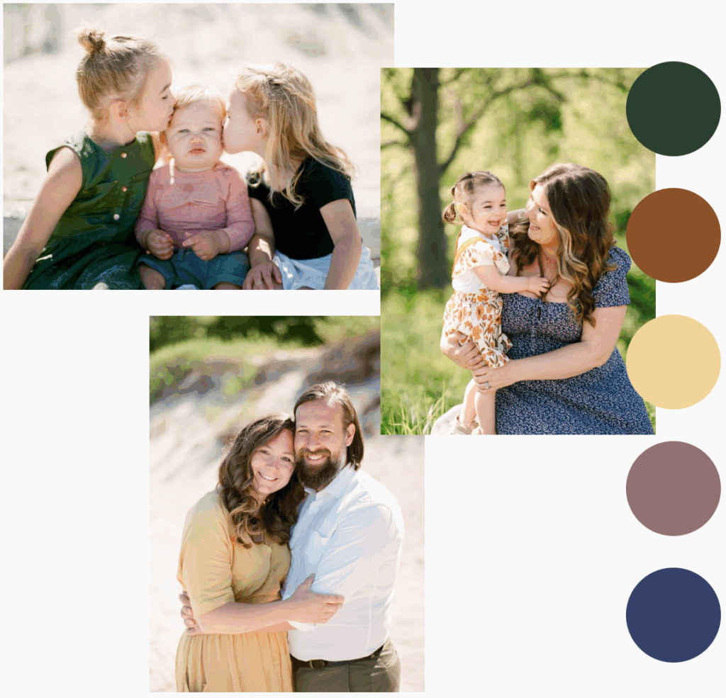 Family photo outfit inspiration with navy blue, mustard yellow, green, and burnt orange tones in Northern Michigan